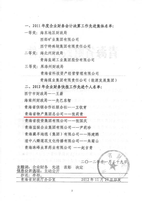 物產(chǎn)集團榮獲2011年度財務決算先進單位、2012年度財務快報工作先進個人表彰